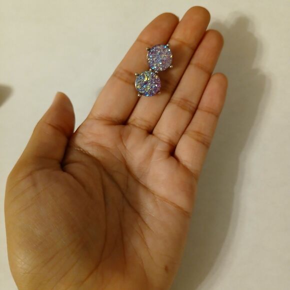 Iridescent Purple Shiny Faux Druzy Crystal Jewel Stud Earrings - Picture 8 of 8